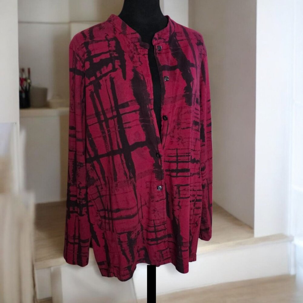 FENINI ( LG) Black/Burgundy Button up Long Sleeve Tunic Button Up Cotton